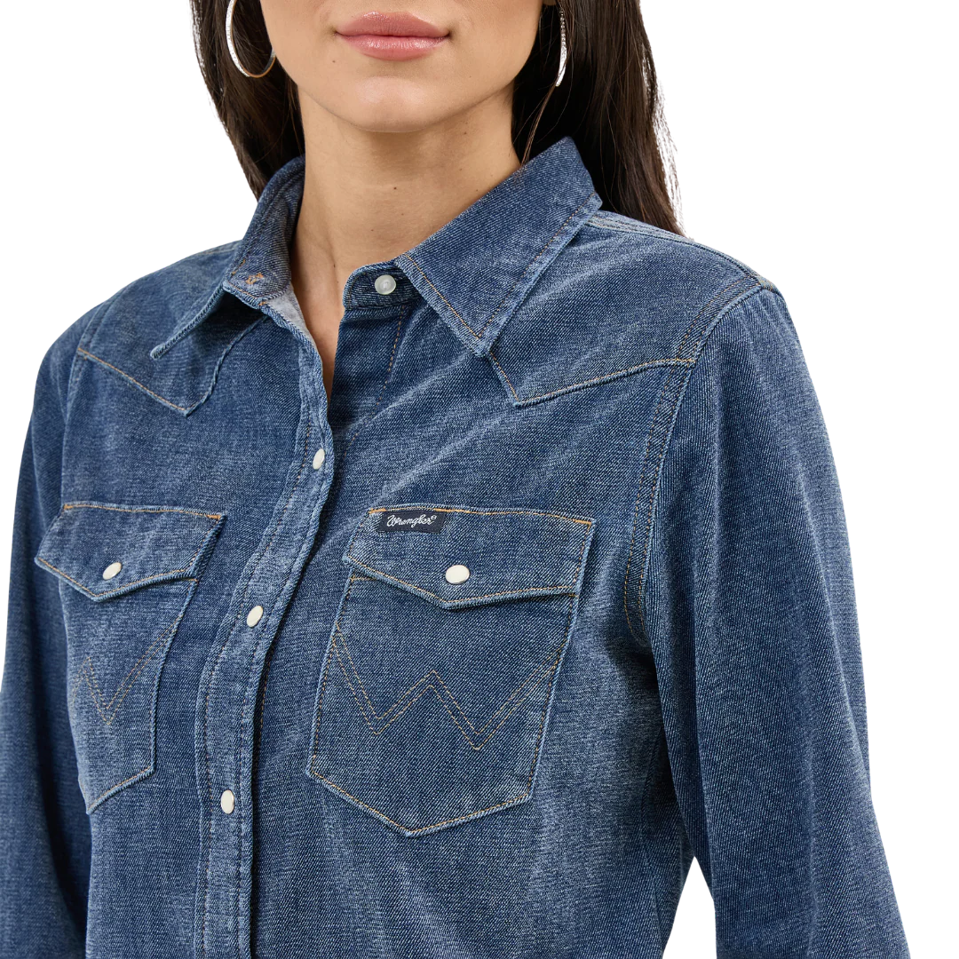 Wrangler Women's Retro Party Vintage Long Sleeve Denim Shirt - Denim Blue
