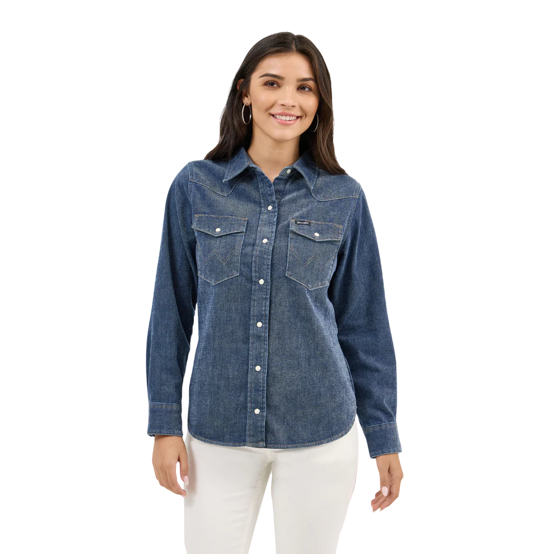 Wrangler Women's Retro Party Vintage Long Sleeve Denim Shirt - Denim Blue