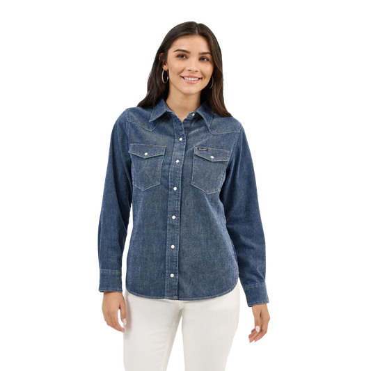 Wrangler Women's Retro Party Vintage Long Sleeve Denim Shirt - Denim Blue