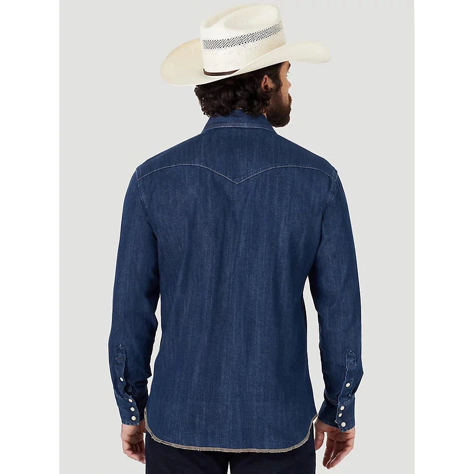 Wrangler Men's Cowboy Cut Long Sleeve Western Denim Snap Work Shirt - Dark Denim