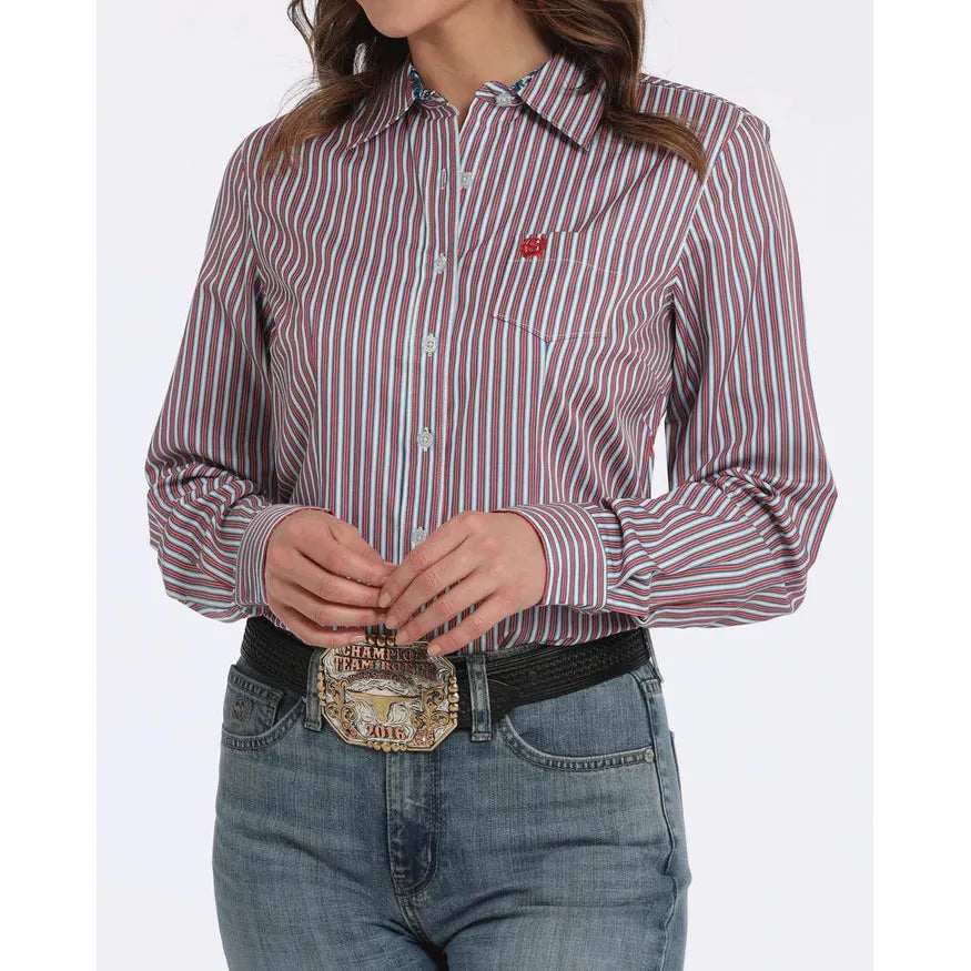 Cinch Women's Long Sleeve Stripe Shirt- White