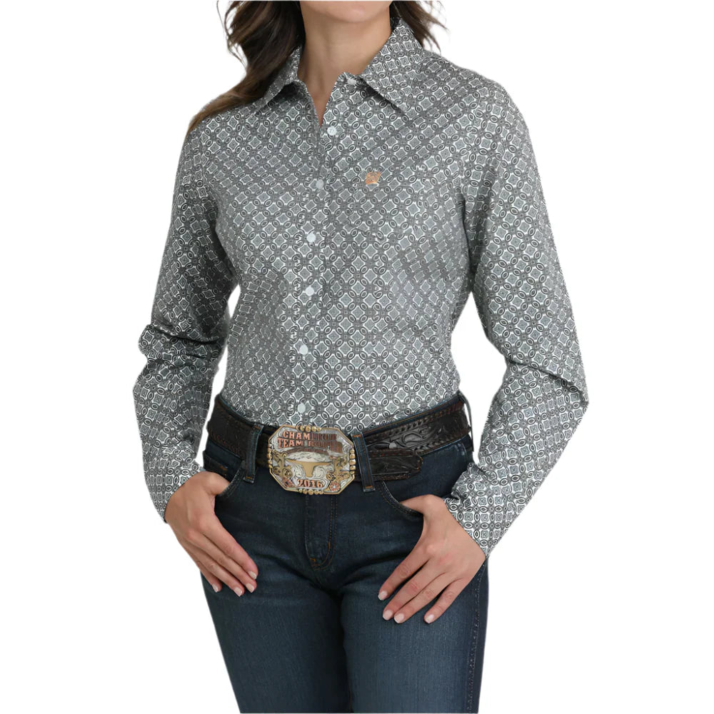 Cinch Women's Button Up Western Print Long Sleeve Shirt - White