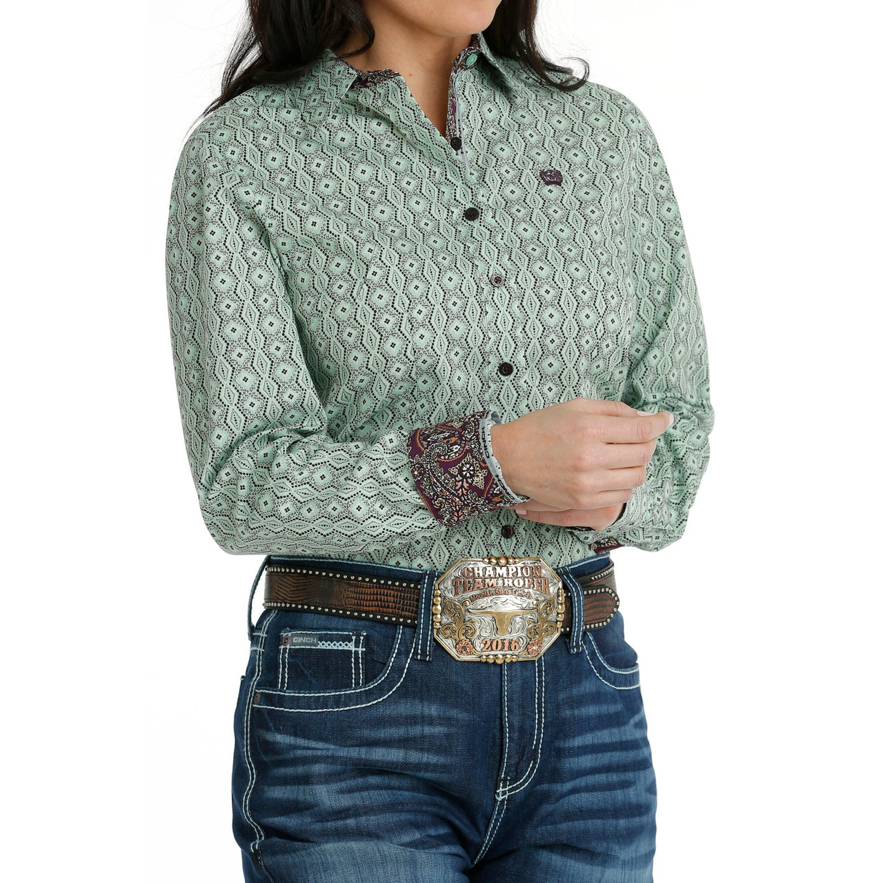 Cinch Women's Long Sleeve Geometric Print Button Down Shirt - Green