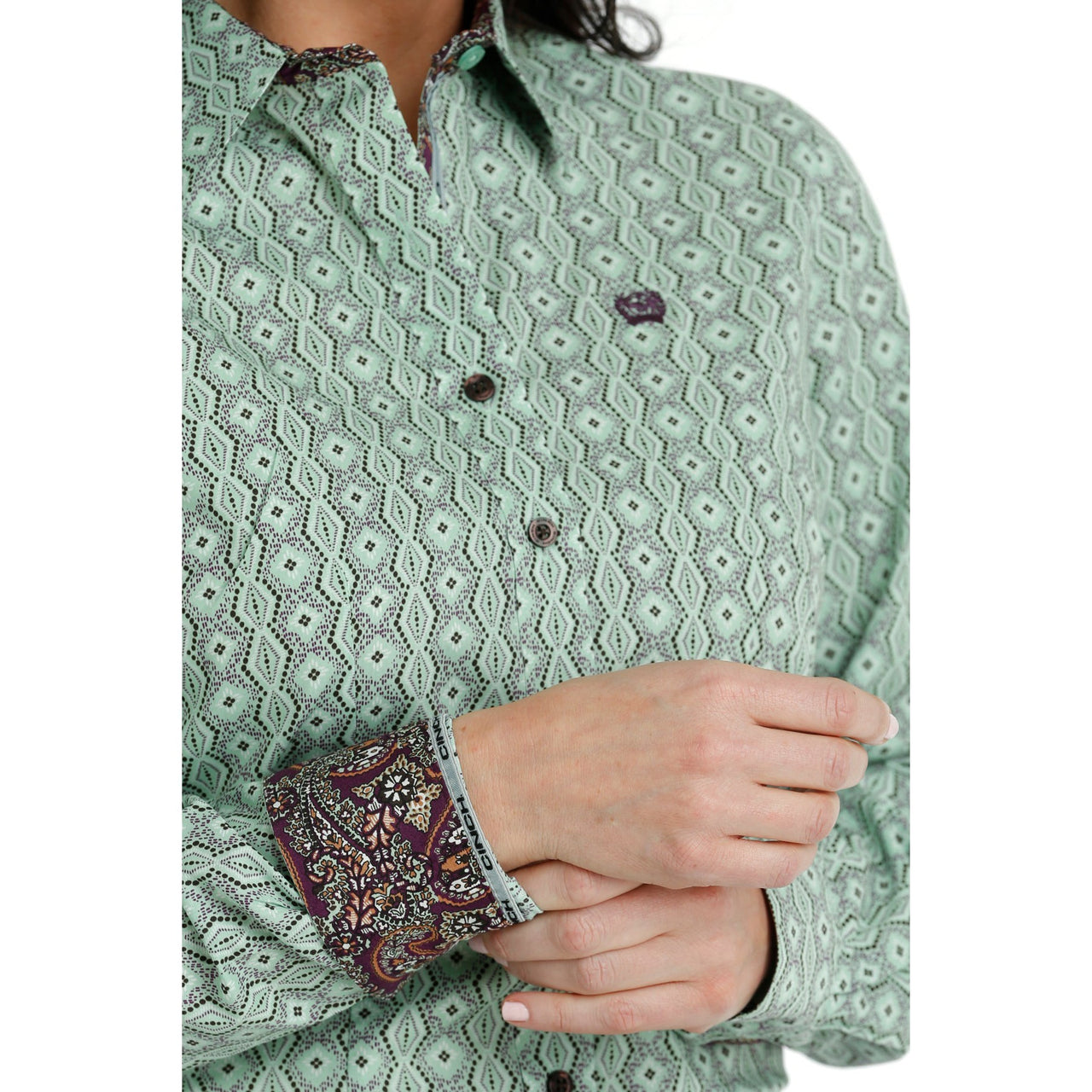 Cinch Women's Long Sleeve Geometric Print Button Down Shirt - Green