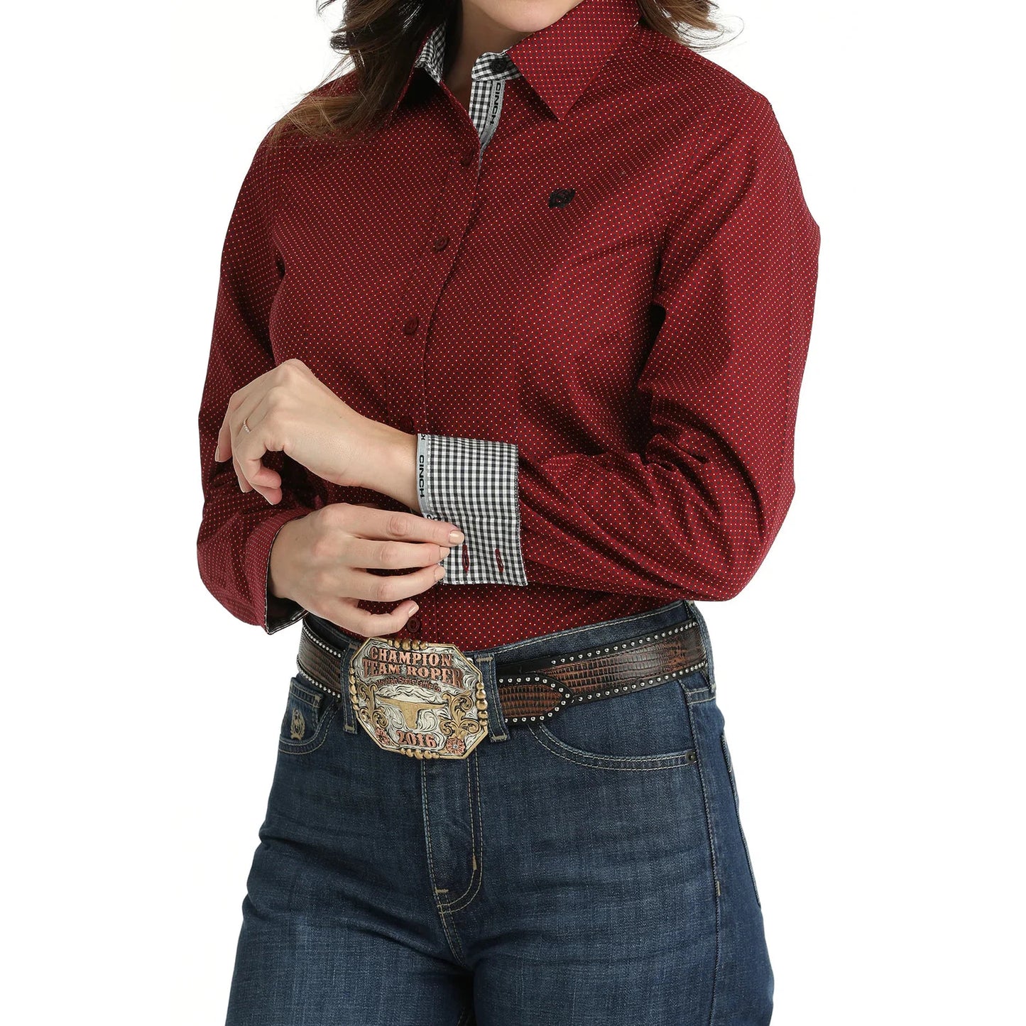 Cinch Women's Long Sleeve  Polka Dot Western Shirt- Red
