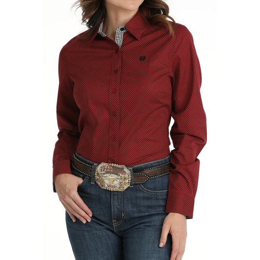Cinch Women's Long Sleeve  Polka Dot Western Shirt- Red