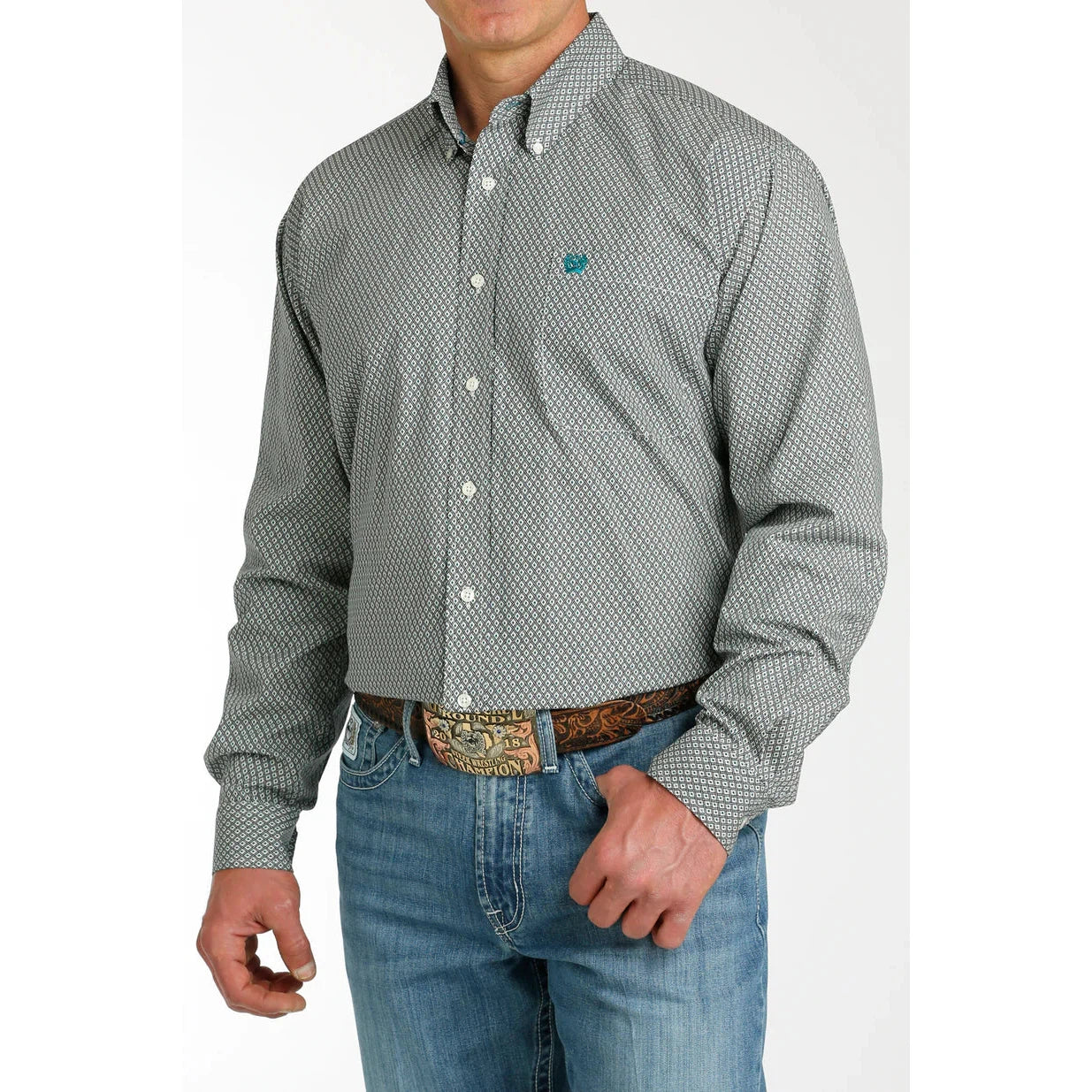 Cinch Men's Print Long Sleeve Shirt - Cream/Teal