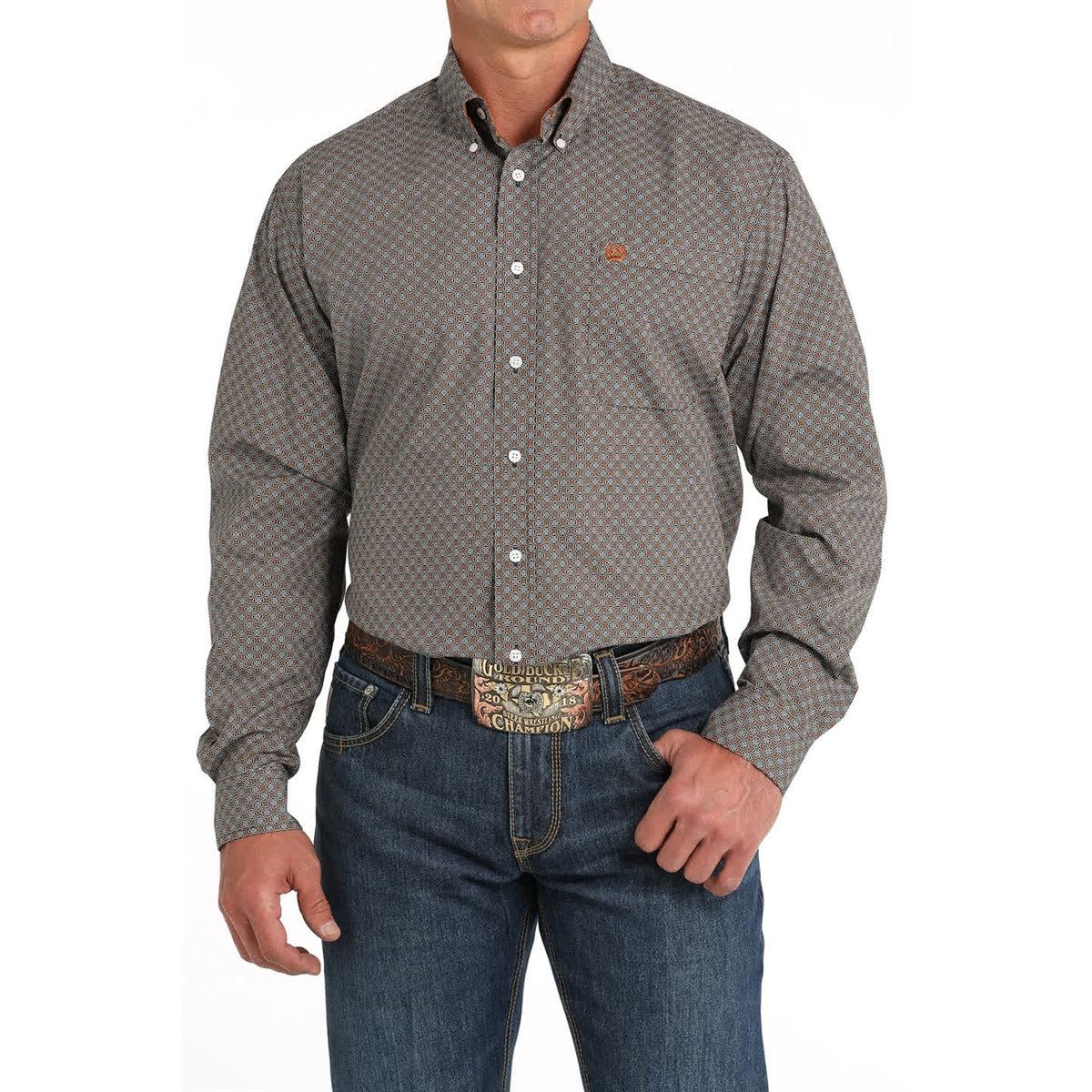 Cinch Classic Fit Long Sleeve Men's Cotton Patterned Shirt -Brown