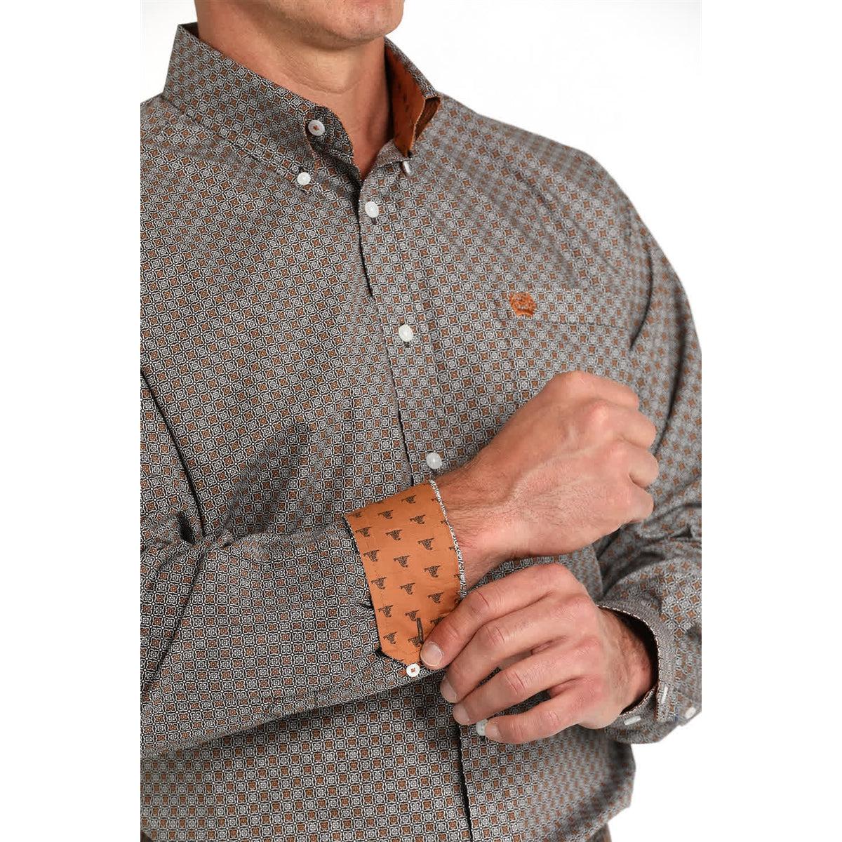 Cinch Classic Fit Long Sleeve Men's Cotton Patterned Shirt -Brown