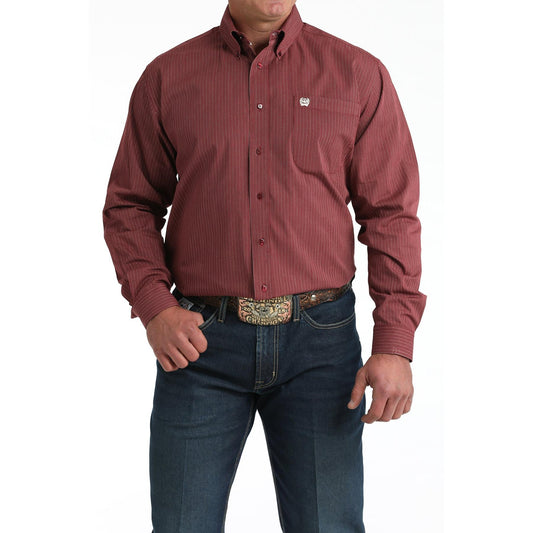 Cinch Men's Long Sleeve Stripe Shirt - Burgundy