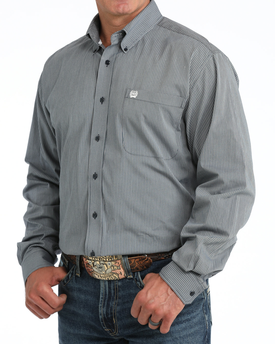 Cinch Men's Long Sleeve Stretch Stripe Western Shirt - Navy
