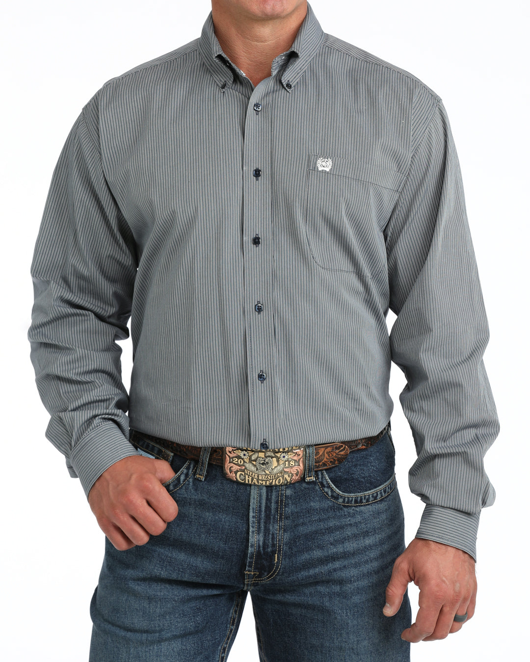 Cinch Men's Long Sleeve Stretch Stripe Western Shirt - Navy