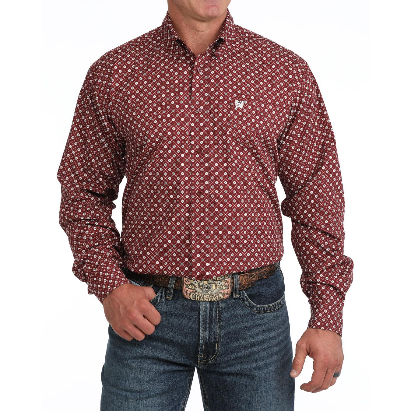 Cinch Men's Long Sleeve Print Western Shirt - Burgundy