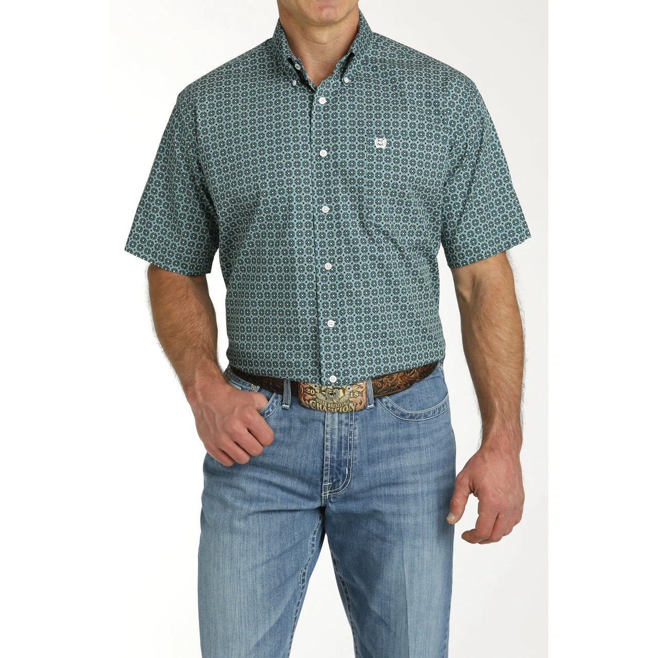 Cinch Men's Geometric Print Short Sleeve Shirt - Teal