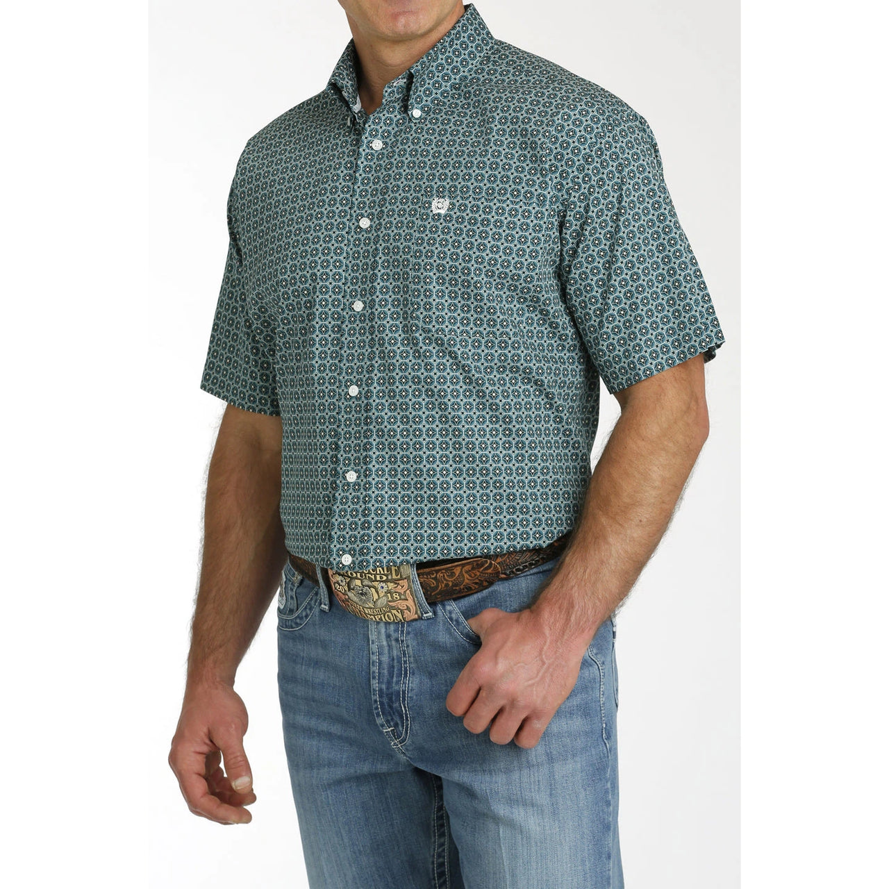 Cinch Men's Geometric Print Short Sleeve Shirt - Teal