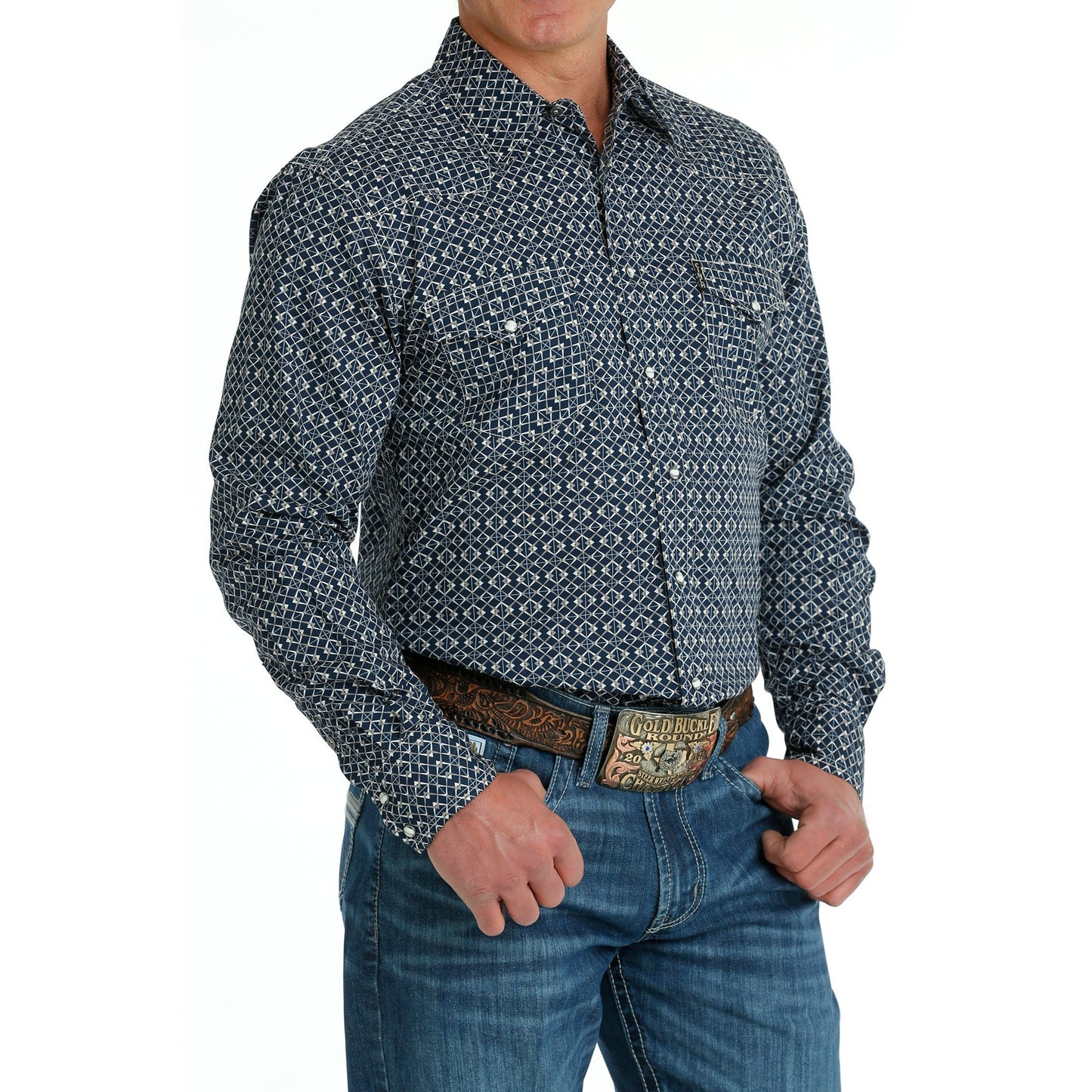 Cinch Men's Long Sleeve Modern Fit Geometric Print Snap Shirt - Navy