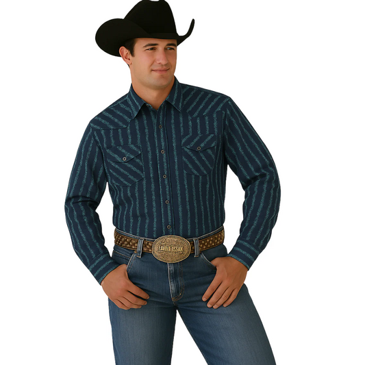 Cinch Men's Long  Sleeve Print Modern Shirt- Navy