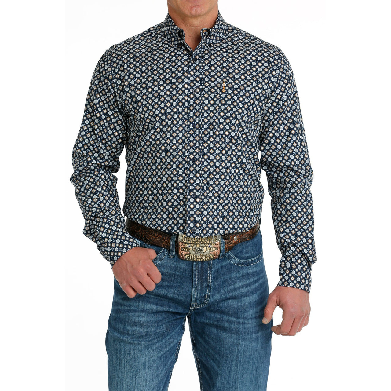 Cinch Men's Long Sleeve Modern Fit Geometric Print Button Down Shirt - Navy