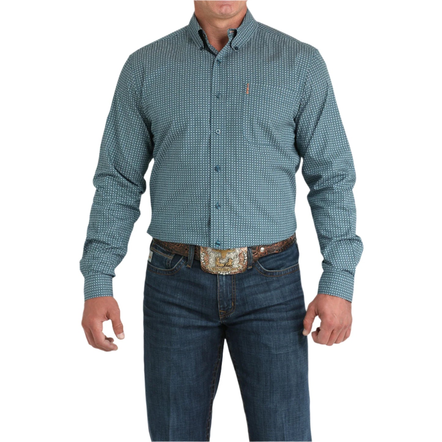 Cinch Men's Long Sleeve Button Down Geo Print Shirt - Teal