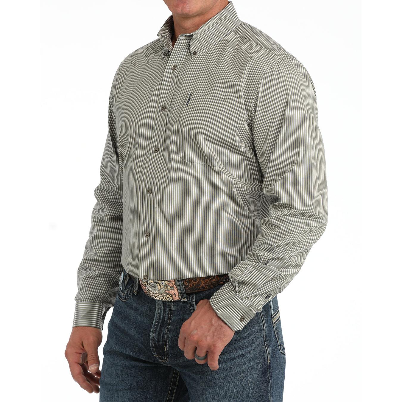 Cinch Men's Modern Fit Long Sleeve Stripe Western Shirt - Olive
