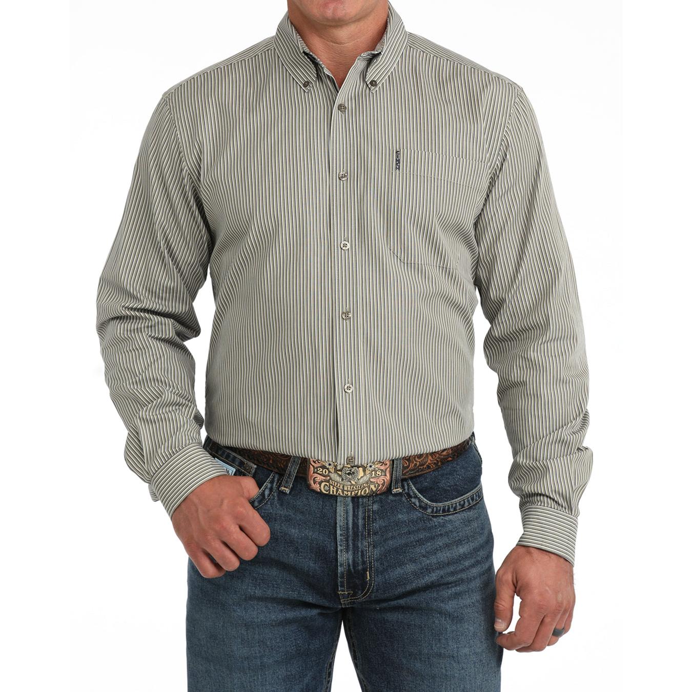Cinch Men's Modern Fit Long Sleeve Stripe Western Shirt - Olive