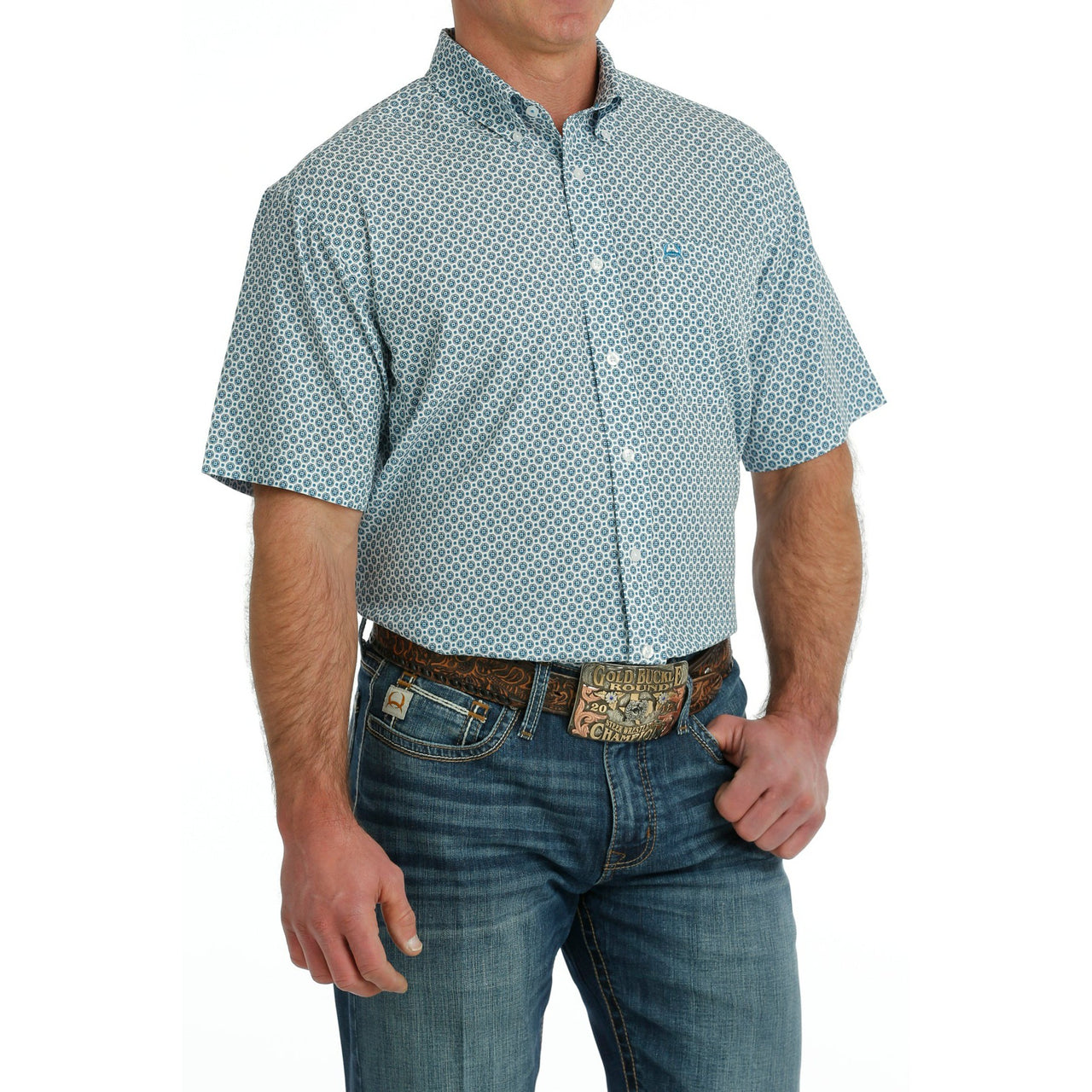 Cinch Men's Arenaflex Geometric Print Button-Down T-Shirt - White
