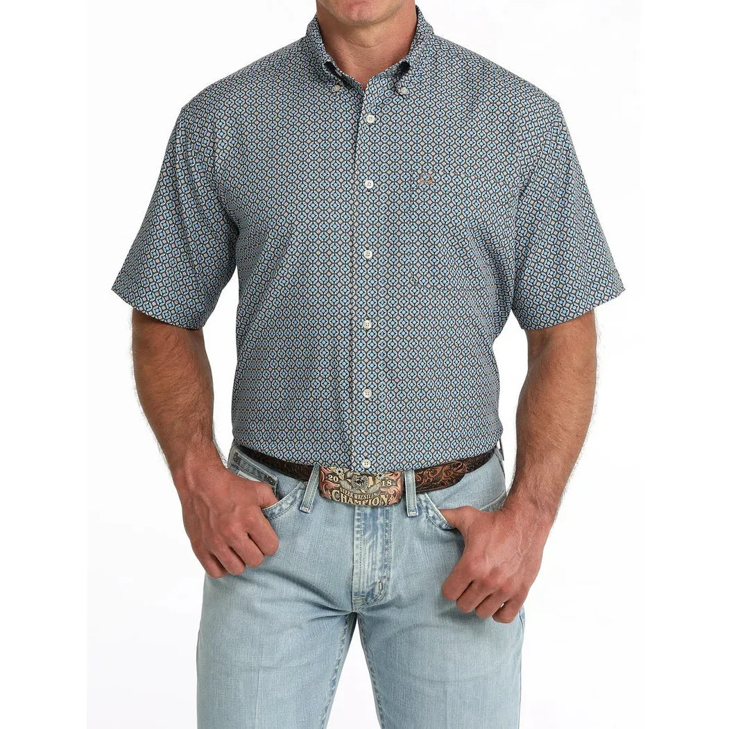 Cinch Men's Short Sleeve Print Arenaflex Shirt- Blue