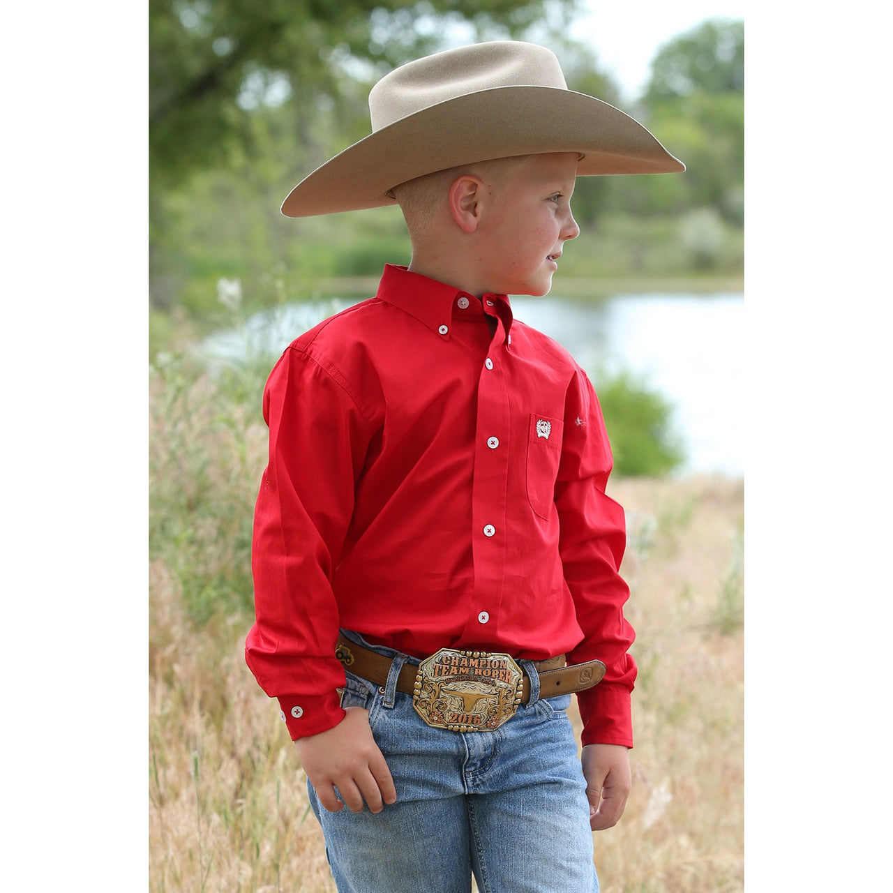 Cinch Boy's Classic Fit Solid Button-Down Shirt - Red