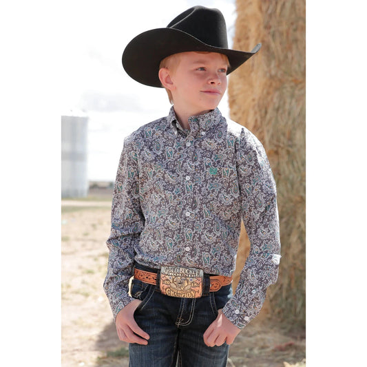 Cinch Boy's Long Sleeve Print Shirt - Grey