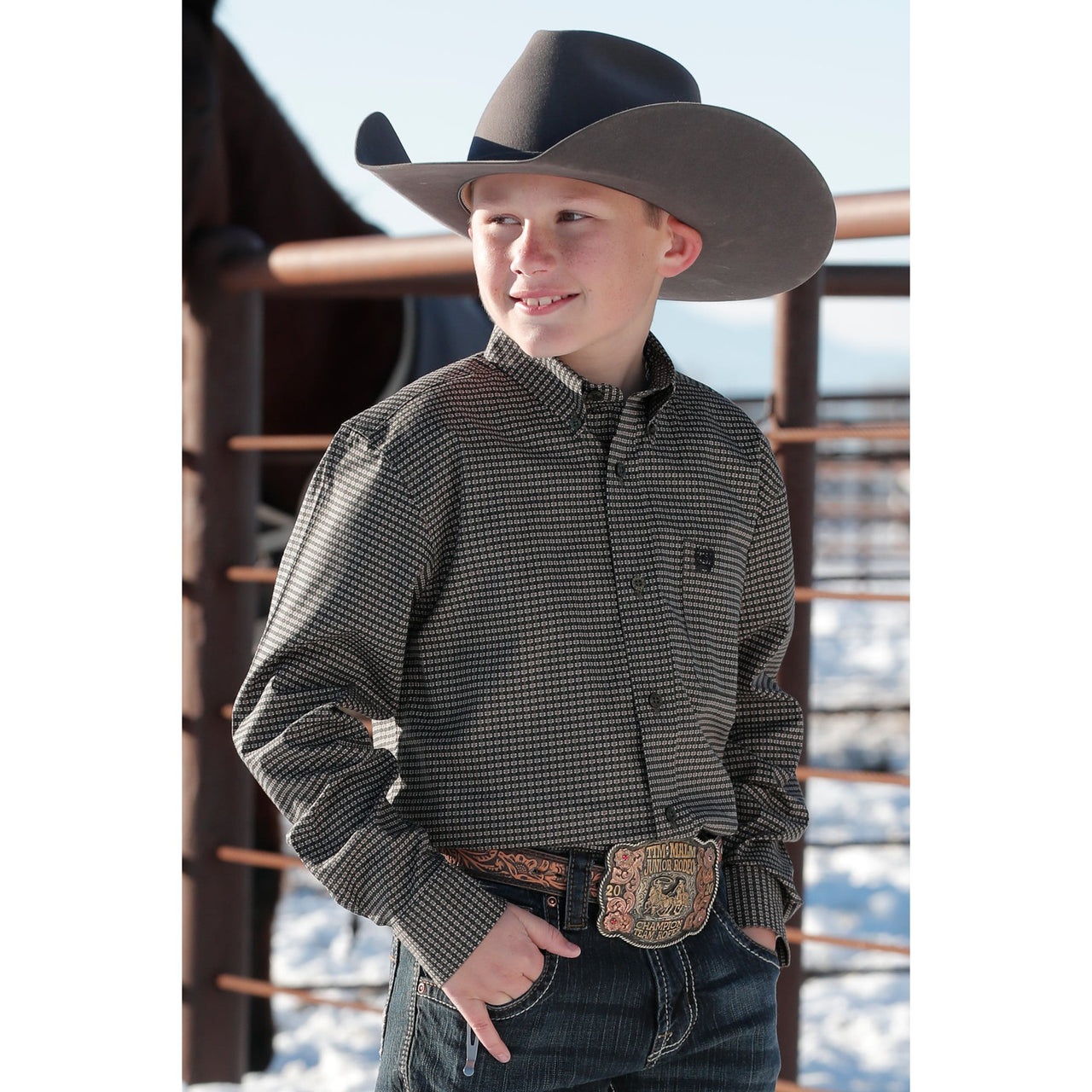 Cinch Boy's Long Sleeve Geometric Print Western Shirt - Olive