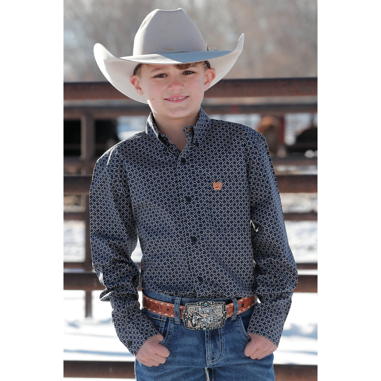 Cinch Boy's Long Sleeve Geometric Print Button Down Shirt - Navy