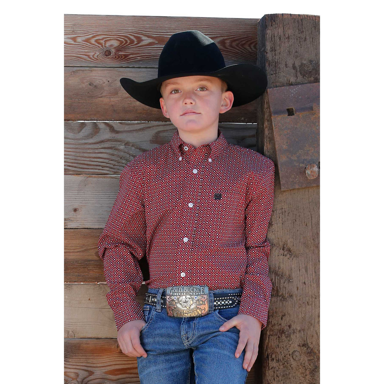 Cinch Boy's Long Sleeve Button Down Jayley Rinse Shirt - Red