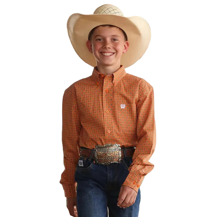Youth Western Boy's Long Sleeve Print Shirt - Orange