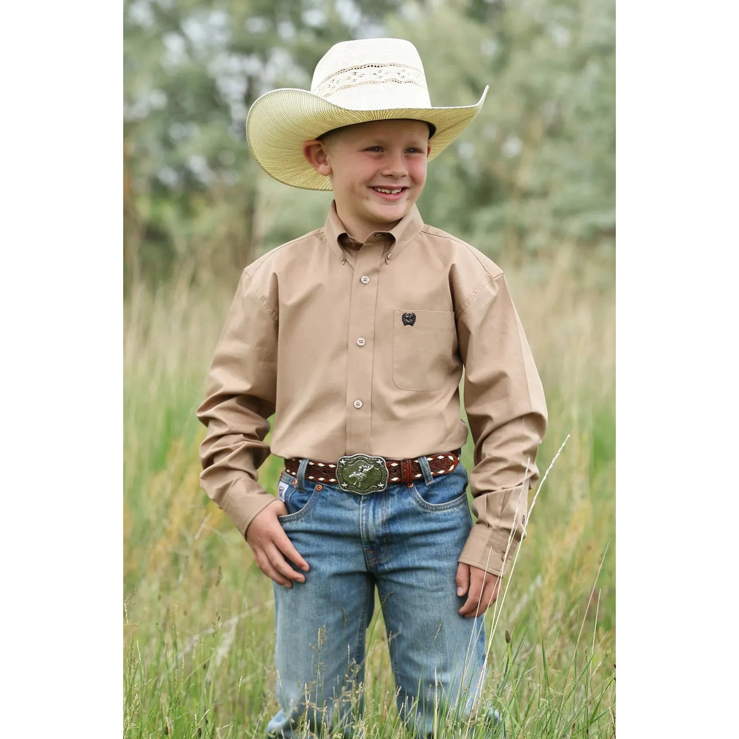 Cinch Western Boy's Long Sleeve Shirt - Khaki