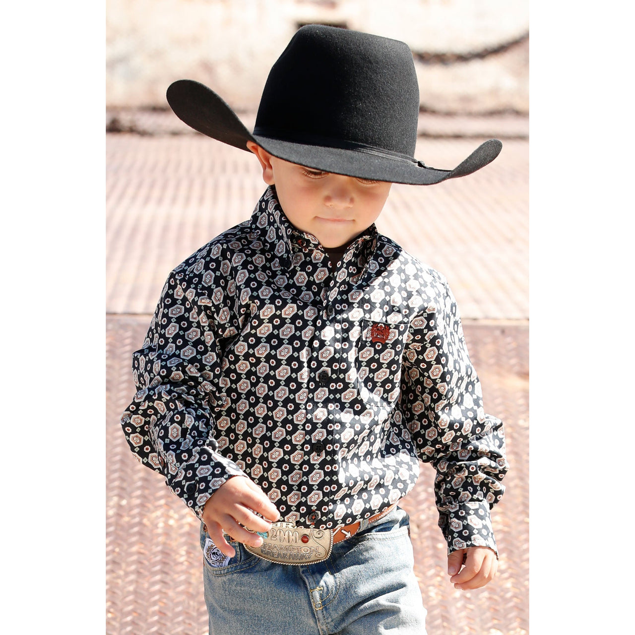 Cinch Boy's Youth Geo Print Button Long Sleeve Western Shirt - Black