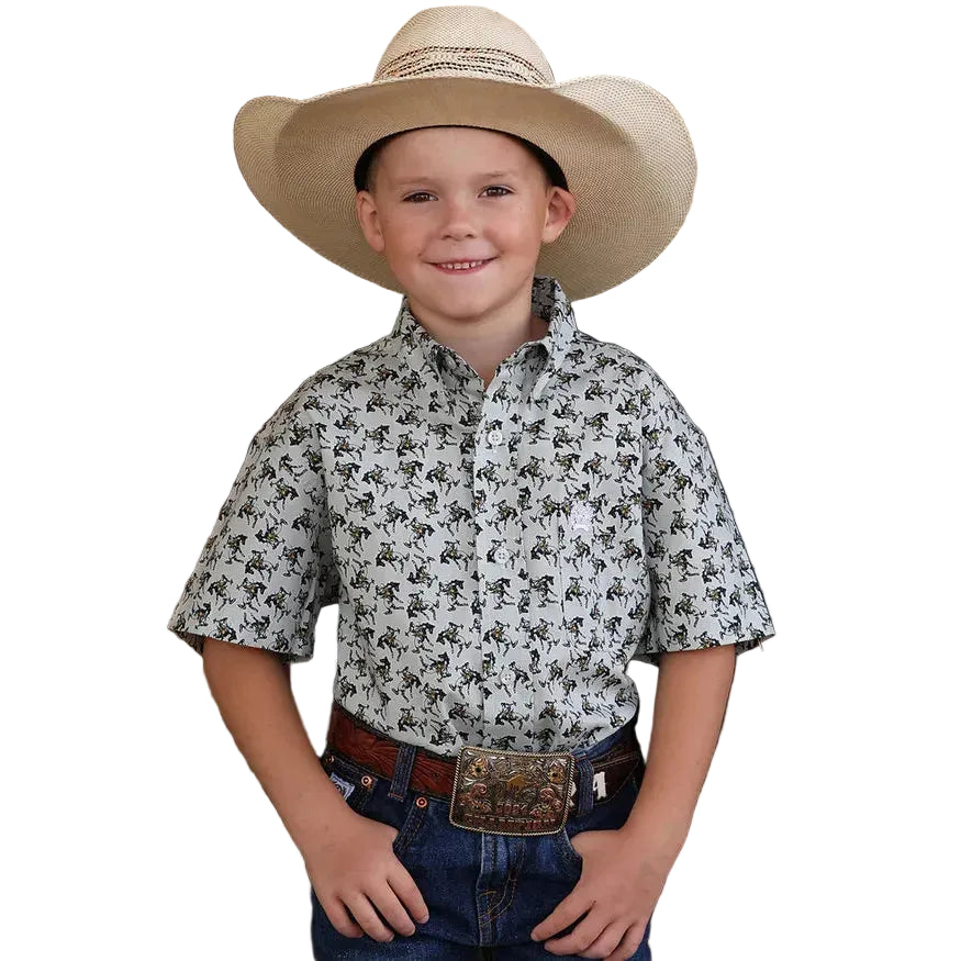Youth Western Boy's Short Sleeve Print Shirt - Grey