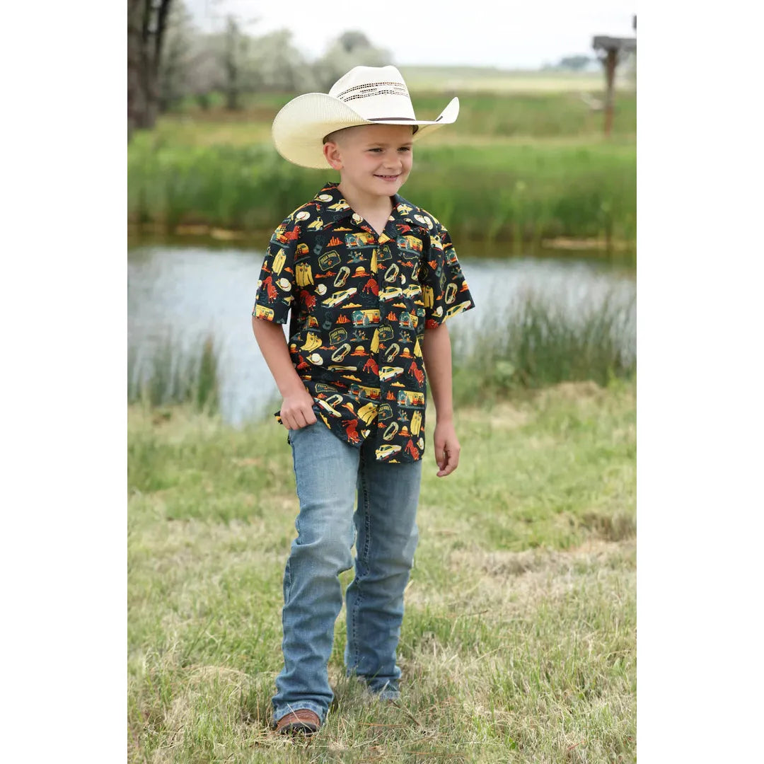 Cinch Western Boy's Short Sleeve Camp Shirt - Black