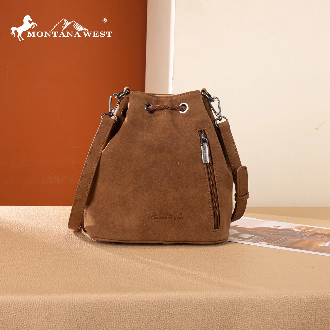 Montana West Hair On Cowhide Drawstring Crossbody Bucket Bag- Brown
