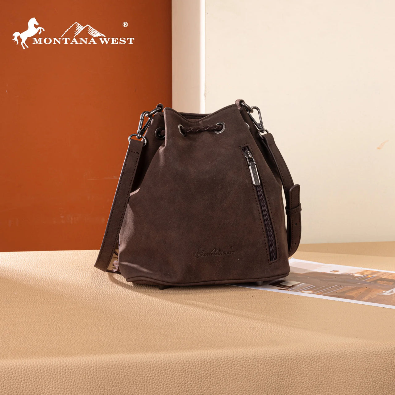 Montana West Hair On Cowhide Drawstring Crossbody Bucket Bag- Coffee