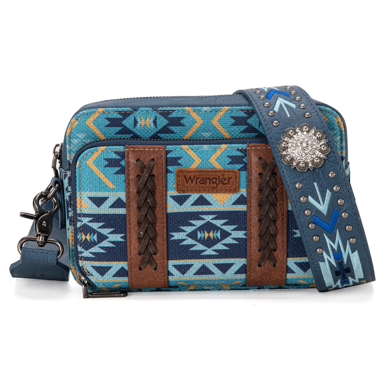 Wrangler Aztec Printed Crossbody Canvas and Leather Purse Wallet Compartment