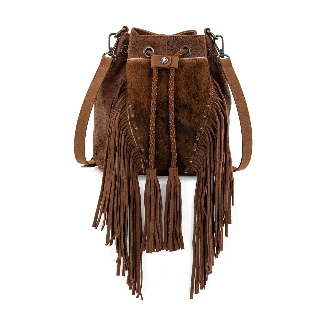 Montana West Hair On Cowhide Drawstring Crossbody Bucket Bag- Brown