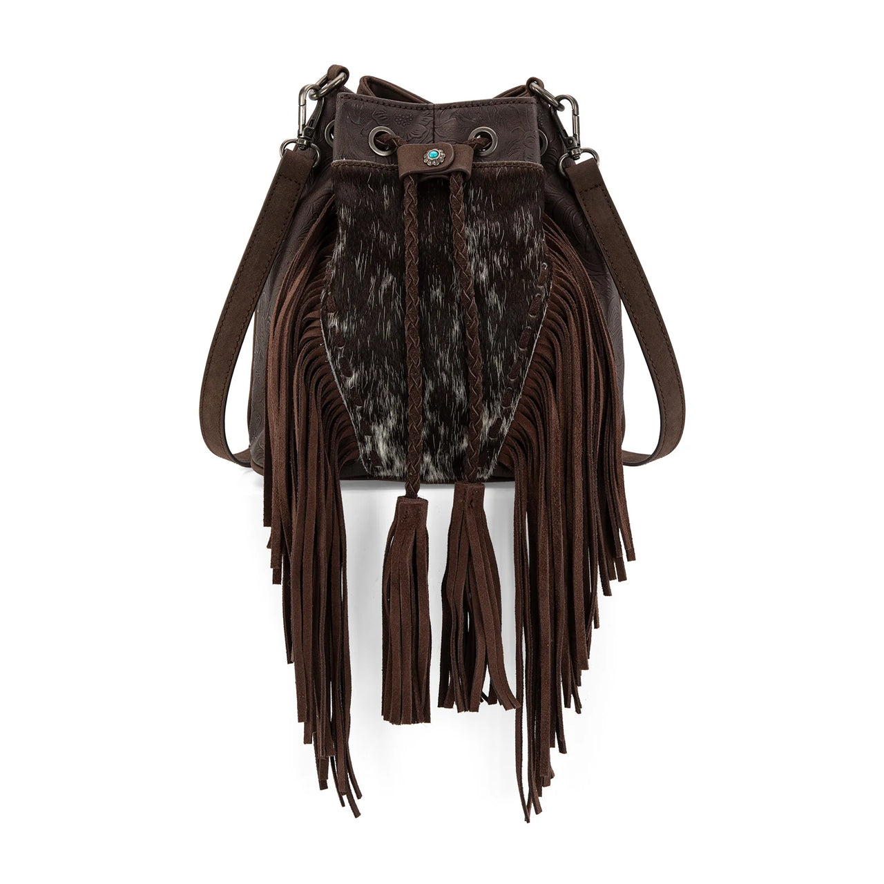 Montana West Hair On Cowhide Drawstring Crossbody Bucket Bag- Coffee
