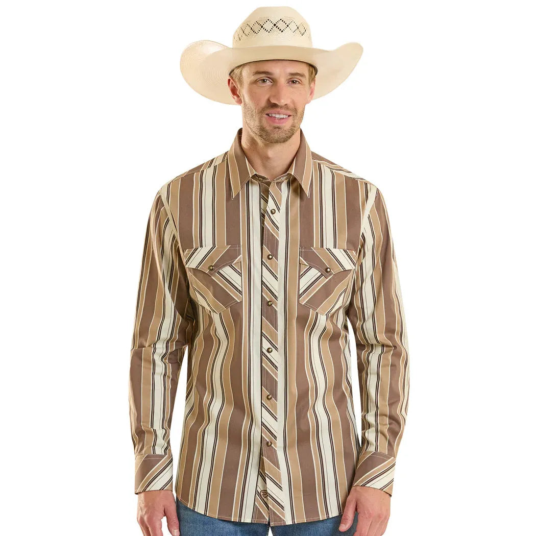 Rock & Roll Men's Slim Fit Long Sleeve Stripe Snap Shirt - Brown