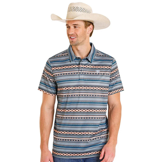 Rock & Roll Men's Aztec Stripe Printed Short Sleeve Polo Shirt - Teal