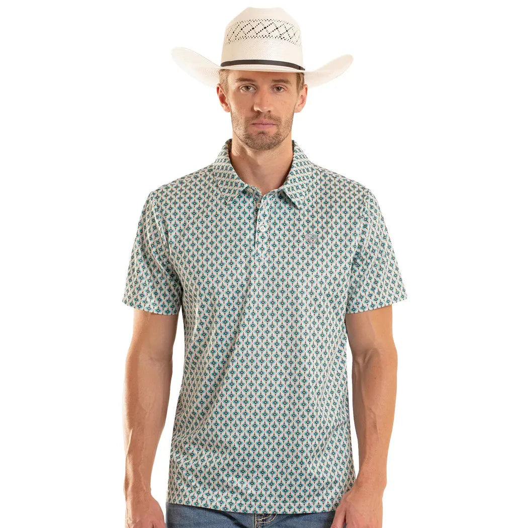 Rock & Roll Mens Mini Aztec Short Sleeve Geo Print Polo Shirt - Teal