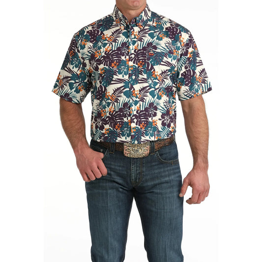 Cinch Men's Arenaflex Print Button Down Short Sleeve Shirt - Cream/Multicolour