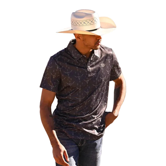 Rock & Roll Men's Aztec Longhorn/Steer Printed Short Sleeve Mesh Polo Shirt - Charcoal