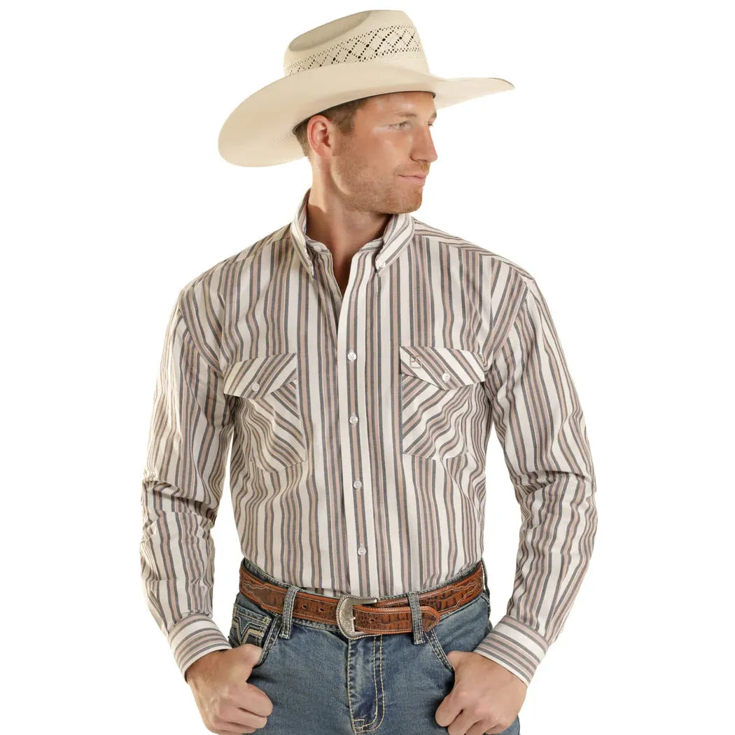 Panhandle Slim Men's Classic 2 Pocket Long Sleeve Stripe Shirt - Tan