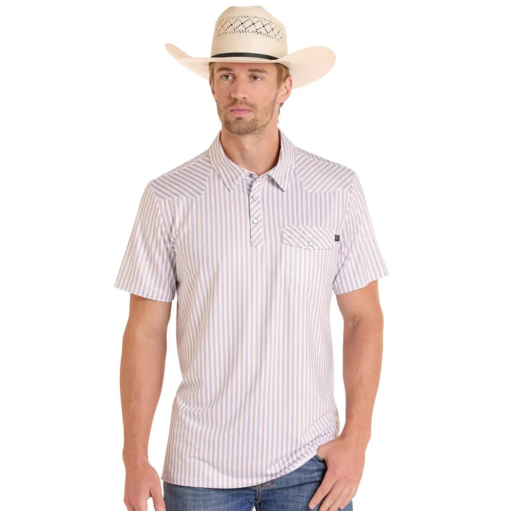 Rock &amp; Roll Mens Western Pocket Short Sleeve Stripe Polo Shirt - White/Tan Stripe
