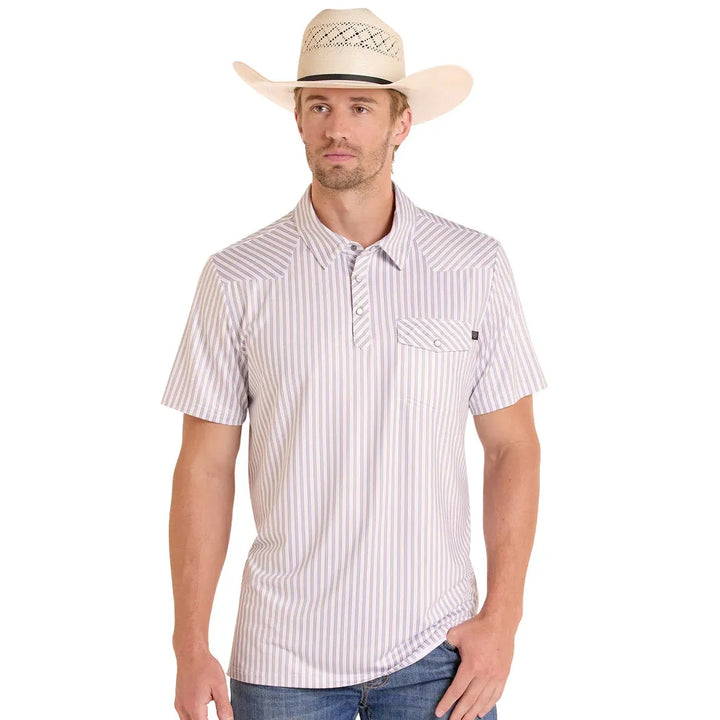 Rock &amp; Roll Mens Western Pocket Short Sleeve Stripe Polo Shirt - White/Tan Stripe